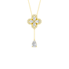 Front view of a yellow gold floral diamond necklace featuring a pear-cut diamond flower pendant with matching diamond accents along a delicate yellow gold chain.