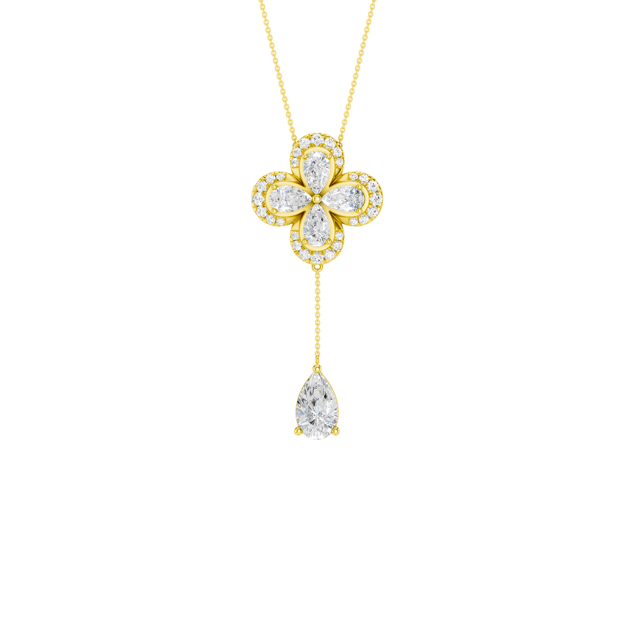 Front view of a yellow gold floral diamond necklace featuring a pear-cut diamond flower pendant with matching diamond accents along a delicate yellow gold chain.