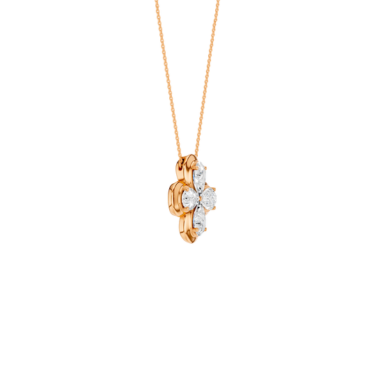 Angled view of a rose gold floral diamond necklace highlighting the dimensional flower motif, marquise-cut diamond sparkle, and polished metal finish.