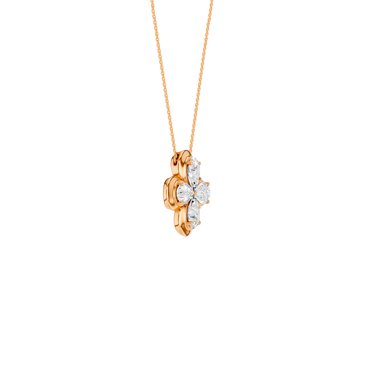 Angled view of a rose gold floral diamond necklace highlighting the dimensional flower motif, marquise-cut diamond sparkle, and polished metal finish.