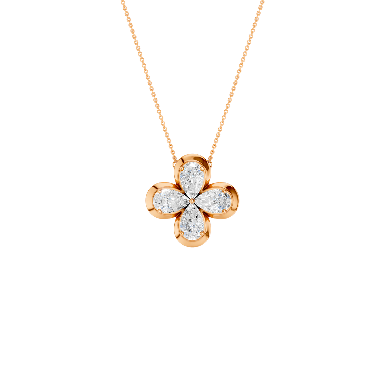 Front view of a rose gold floral diamond pendant necklace featuring marquise-cut white diamonds arranged in a four-petal flower design on a delicate chain.