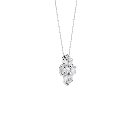 Angled view of a white gold floral diamond necklace highlighting the dimensional flower motif, marquise-cut diamond sparkle, and polished metal finish.