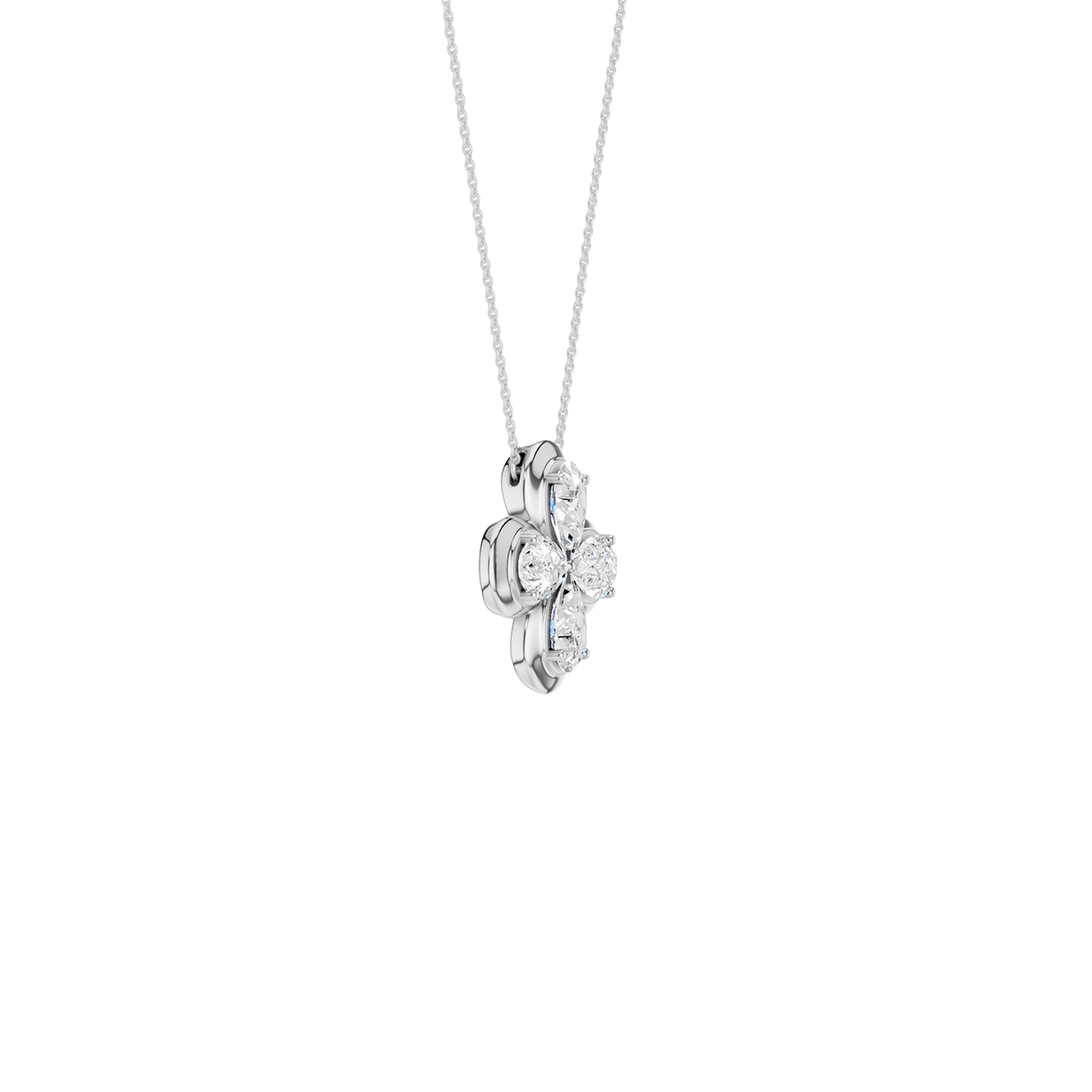 Angled view of a white gold floral diamond necklace highlighting the dimensional flower motif, marquise-cut diamond sparkle, and polished metal finish.
