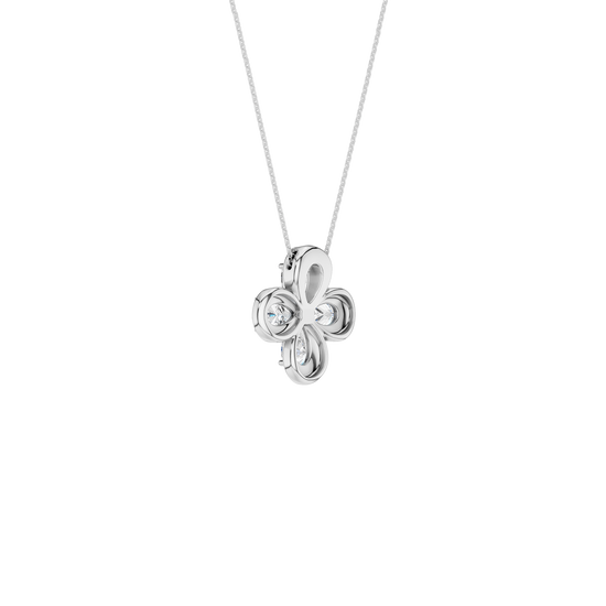 Back view of a white gold floral diamond pendant necklace displaying polished metal backing and clean, modern construction.