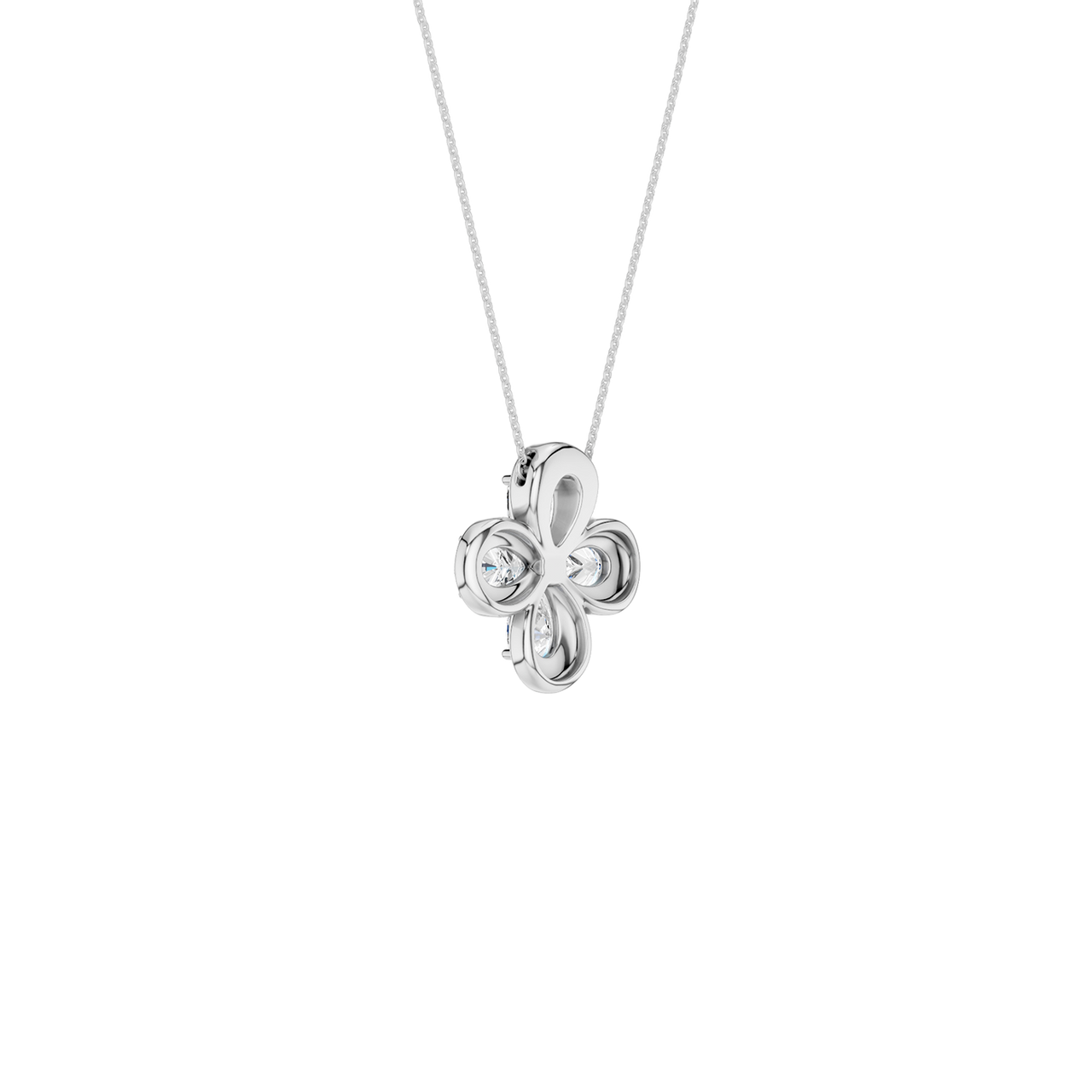 Back view of a white gold floral diamond pendant necklace displaying polished metal backing and clean, modern construction.