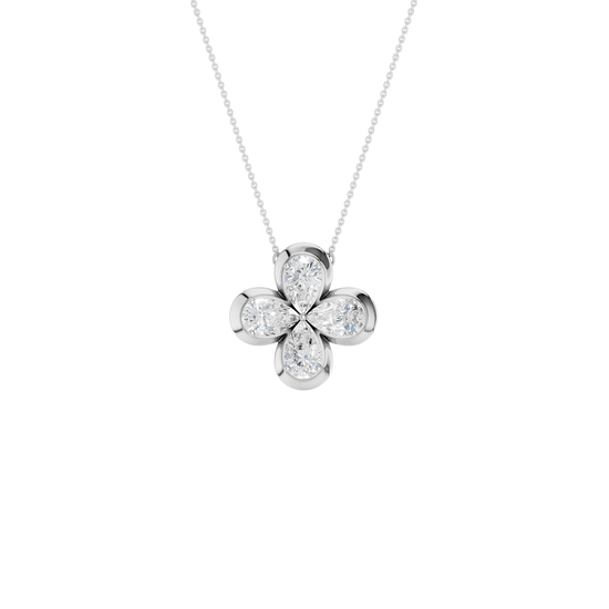 Front view of a white gold floral diamond pendant necklace featuring marquise-cut white diamonds arranged in a four-petal flower design on a delicate chain.