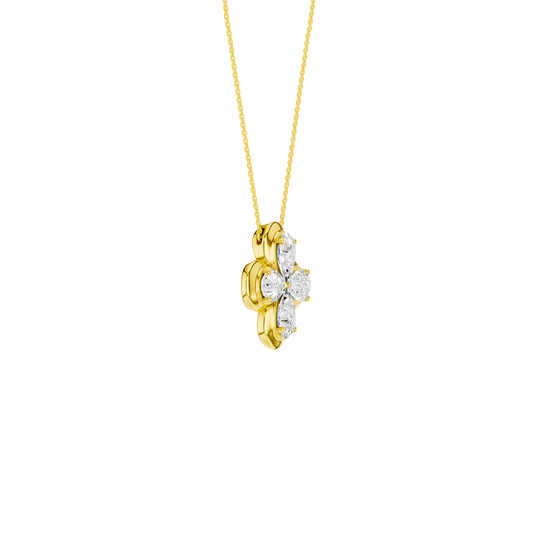 Angled view of a yellow gold floral diamond necklace highlighting warm gold tones, dimensional flower detailing, and diamond sparkle.