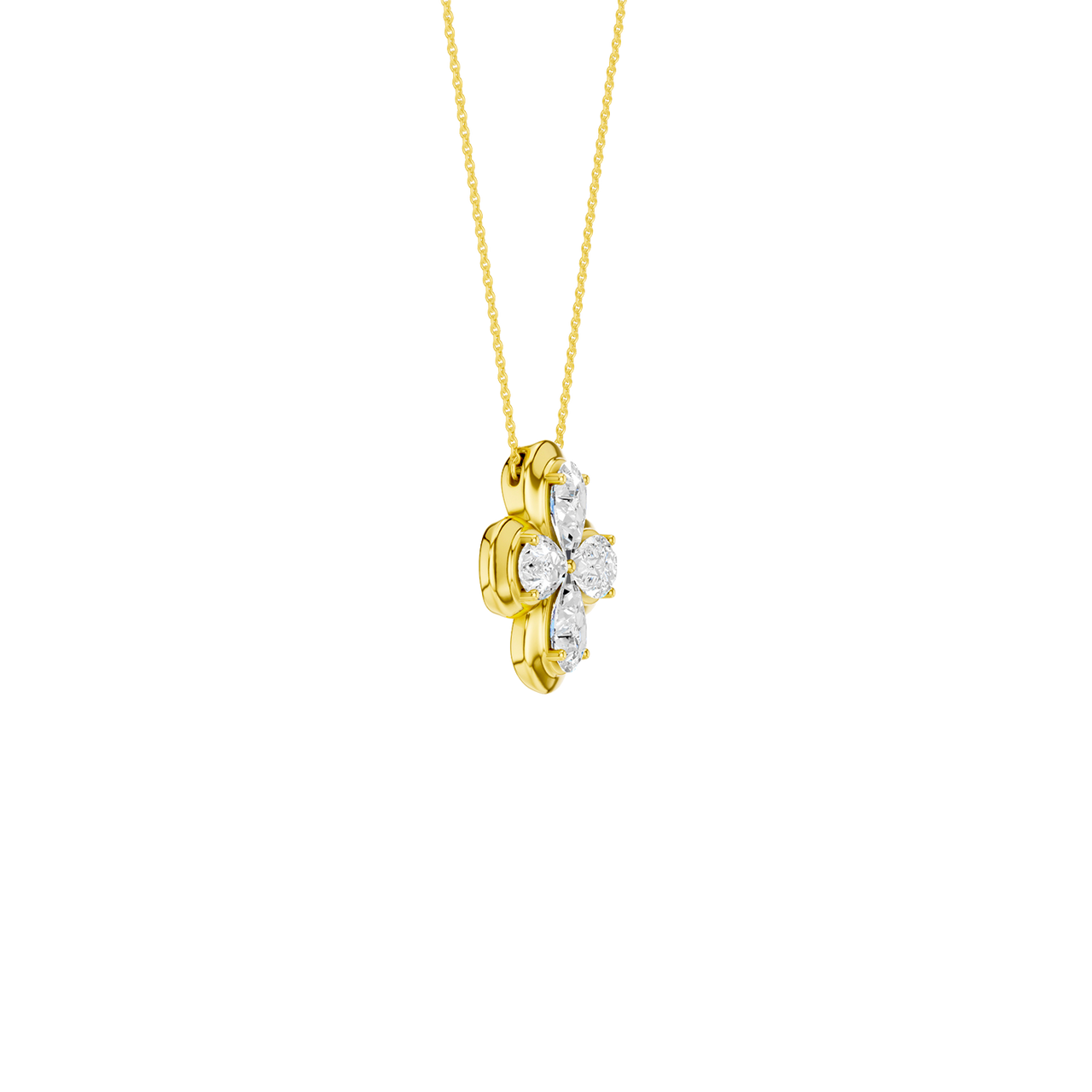 Angled view of a yellow gold floral diamond necklace highlighting warm gold tones, dimensional flower detailing, and diamond sparkle.