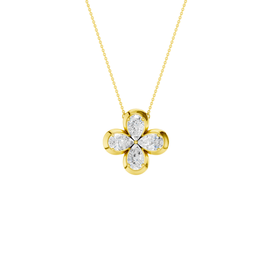 Front view of a yellow gold floral diamond pendant necklace featuring marquise-cut white diamonds arranged in a four-petal flower design on a fine gold chain.