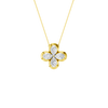 Front view of a yellow gold floral diamond pendant necklace featuring marquise-cut white diamonds arranged in a four-petal flower design on a fine gold chain.