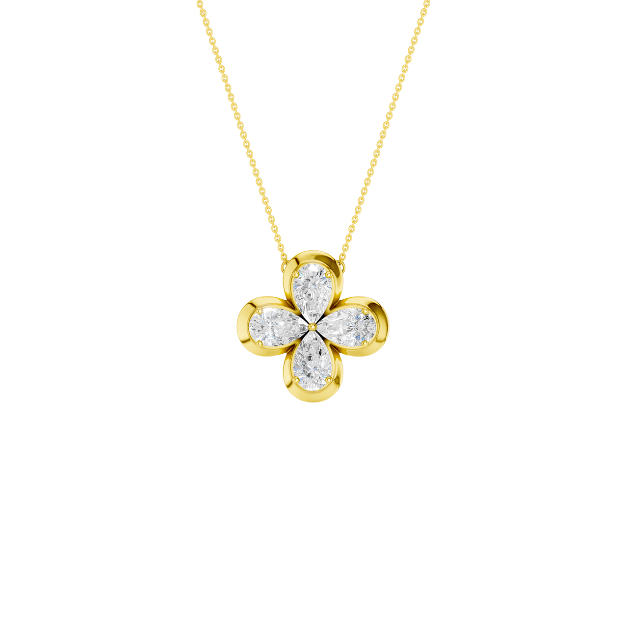 Front view of a yellow gold floral diamond pendant necklace featuring marquise-cut white diamonds arranged in a four-petal flower design on a fine gold chain.