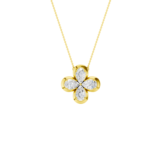 Front view of a yellow gold floral diamond pendant necklace featuring marquise-cut white diamonds arranged in a four-petal flower design on a fine gold chain.