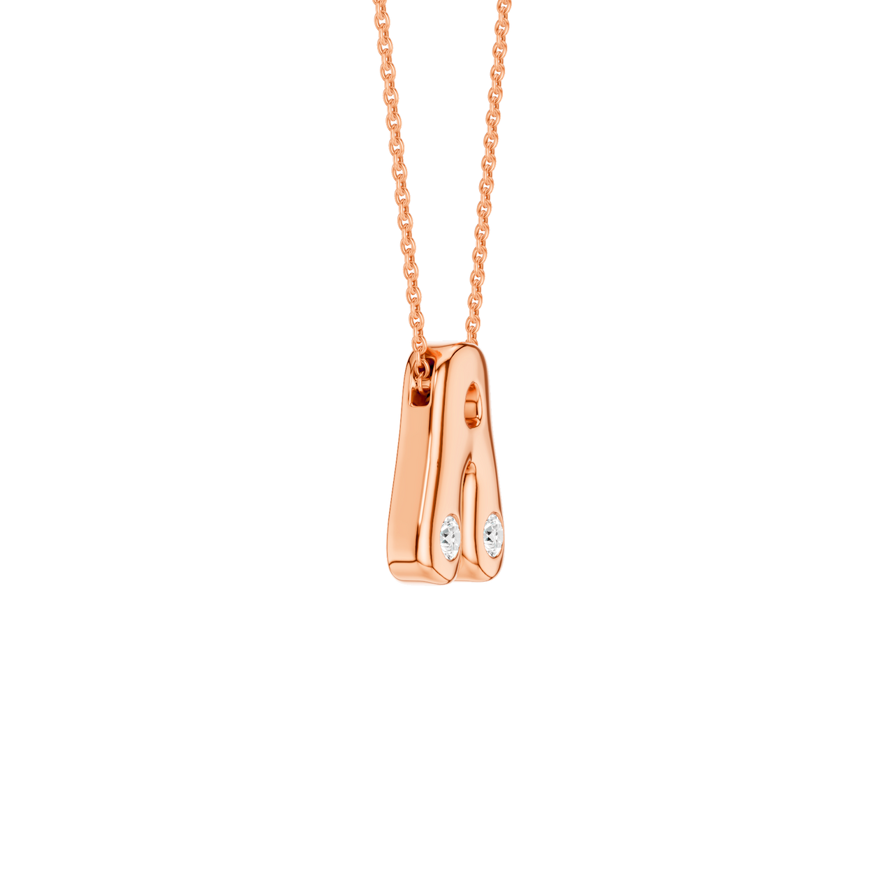 A high-polish 14k rose gold initial pendant by Amorati featuring star and geometric insets with shimmering round-cut lab-grown diamonds. Amorati’s signature F O U R T E E N T H Collection