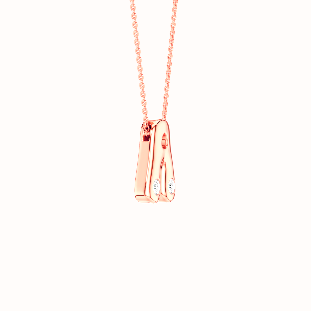Amorati Diamond Bubble Pop Monogram A Initial Necklace in 14K rose gold. The pendant necklace with a minimalist, polished pendant featuring two small round lab grown diamonds, suspended from a delicate rose gold chain against a solid white background.
