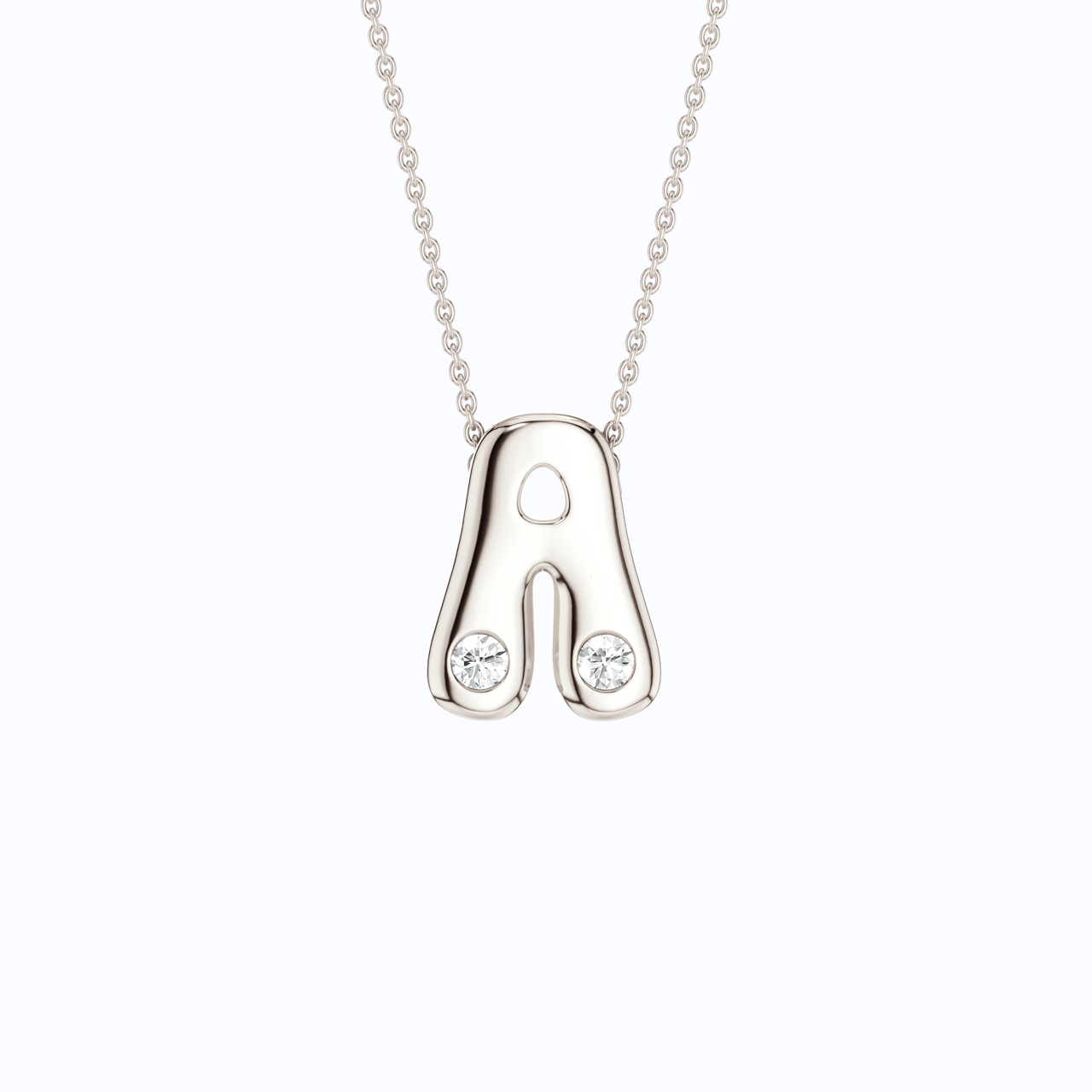 Amorati Diamond Bubble Pop Monogram A Initial Necklace in 14K rose gold. The pendant necklace featuring the letter 'A' with two small lab grown diamonds, suspended from a delicate rose gold chain against a solid white background.
