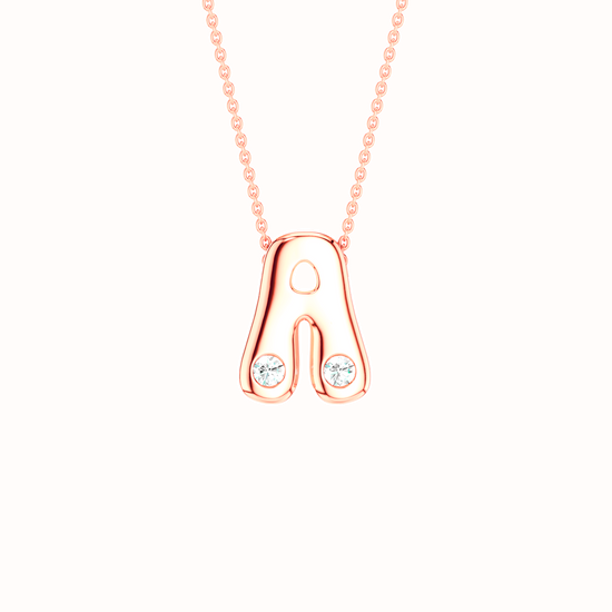 Amorati Diamond Bubble Pop Monogram A Initial Necklace in 14K rose gold. The pendant necklace featuring the letter 'A' with two small lab grown diamonds, suspended from a delicate rose gold chain against a solid white background.