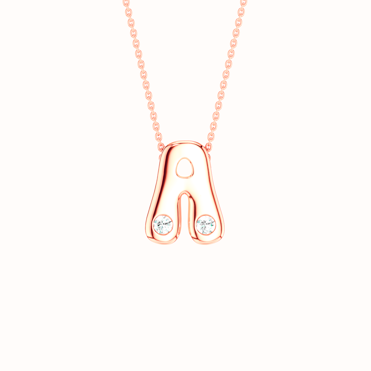 Amorati Diamond Bubble Pop Monogram A Initial Necklace in 14K rose gold. The pendant necklace featuring the letter 'A' with two small lab grown diamonds, suspended from a delicate rose gold chain against a solid white background.