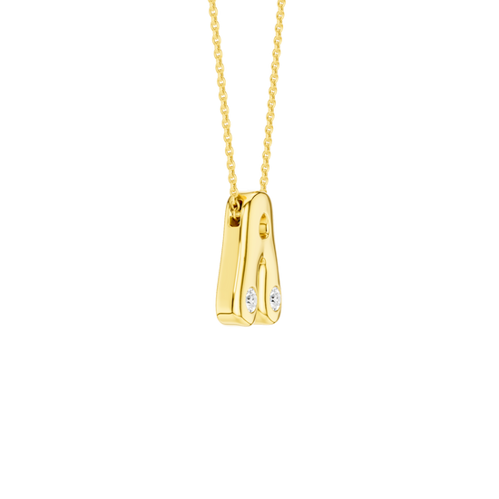 A high-polish 14k yellow gold initial pendant by Amorati featuring star and geometric insets with shimmering round-cut lab-grown diamonds. Amorati’s signature F O U R T E E N T H Collection
