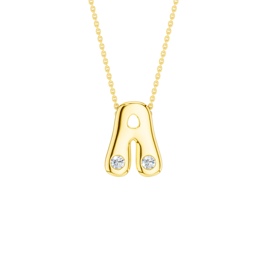 A high-polish 14k yellow gold initial pendant by Amorati featuring star and geometric insets with shimmering round-cut lab-grown diamonds. Amorati’s signature F O U R T E E N T H Collection