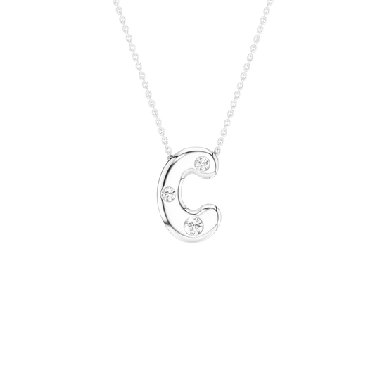 A silver initial necklace featuring the letter 'C' adorned with three small clear crystals, suspended from a delicate silver ball chain against a solid white background.