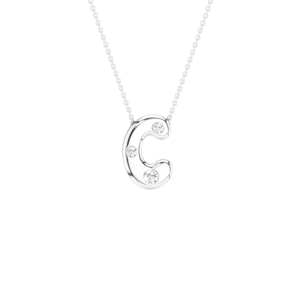 A silver initial necklace featuring the letter 'C' adorned with three small clear crystals, suspended from a delicate silver ball chain against a solid white background.