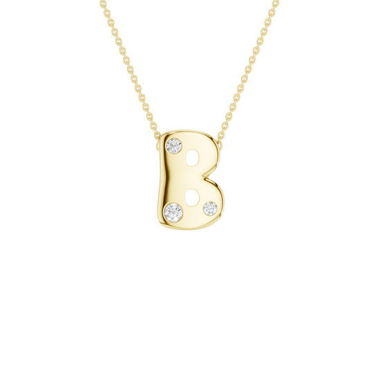 Modern 14k yellow gold bubble letter B initial necklace studded with three brilliant round-cut flush-set white diamonds on a delicate cable chain.
