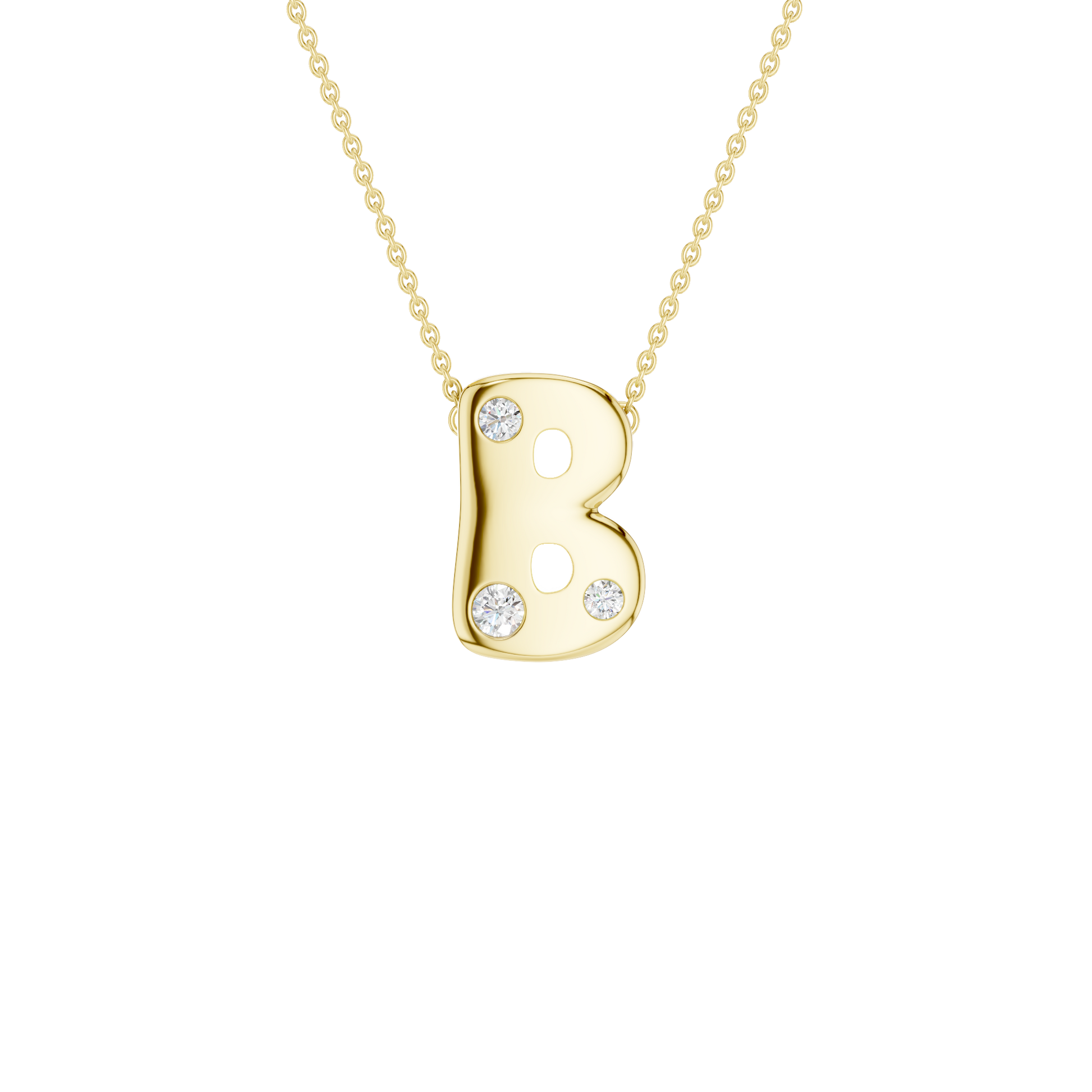 Modern 14k yellow gold bubble letter B initial necklace studded with three brilliant round-cut flush-set white diamonds on a delicate cable chain.