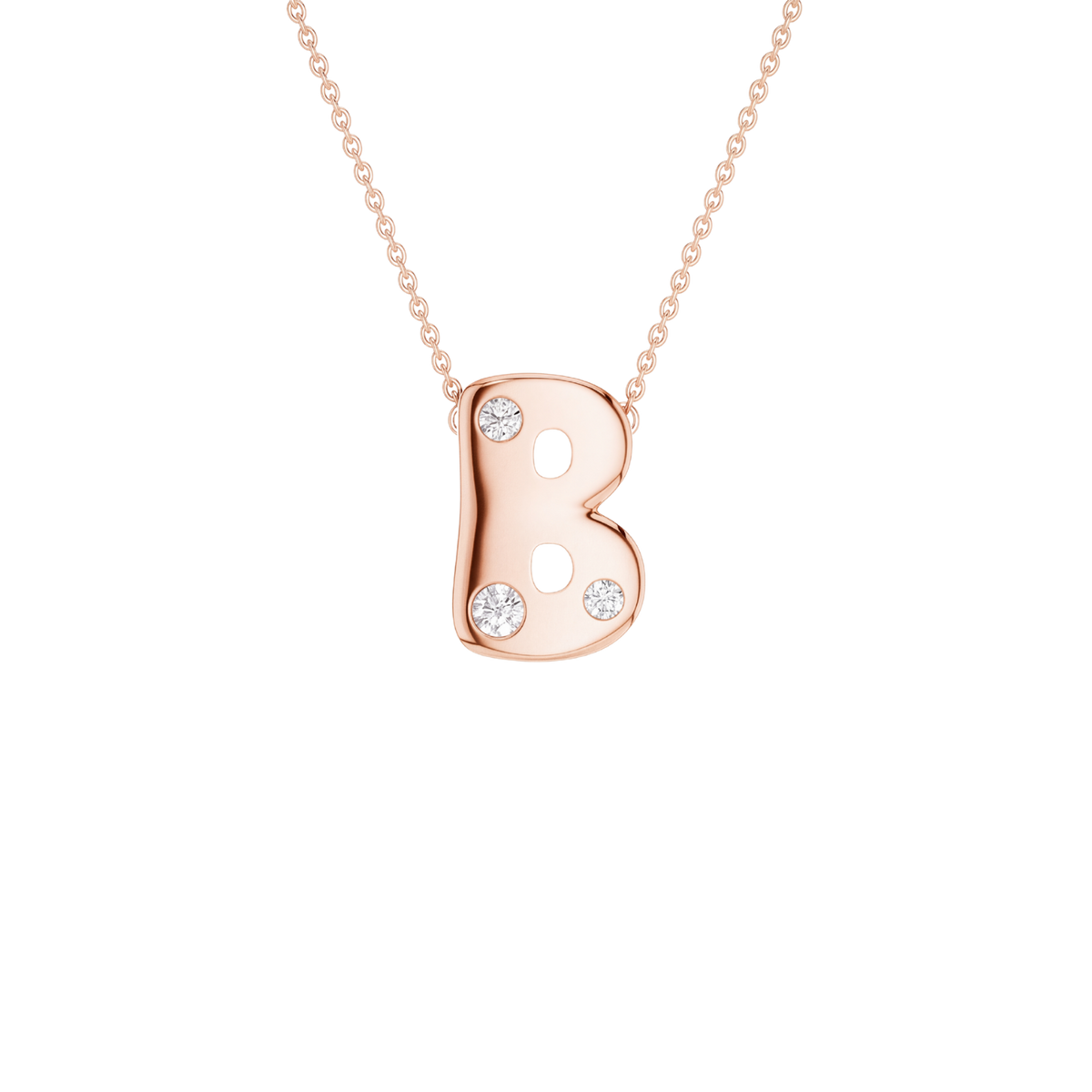 A rose gold letter 'B' pendant necklace with three small clear gemstones, suspended from a delicate rose gold chain against a solid white background.