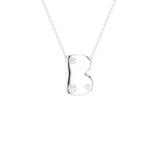 A silver initial necklace featuring the letter 'B' adorned with three small clear gemstones, suspended from a delicate silver ball chain against a solid white background.