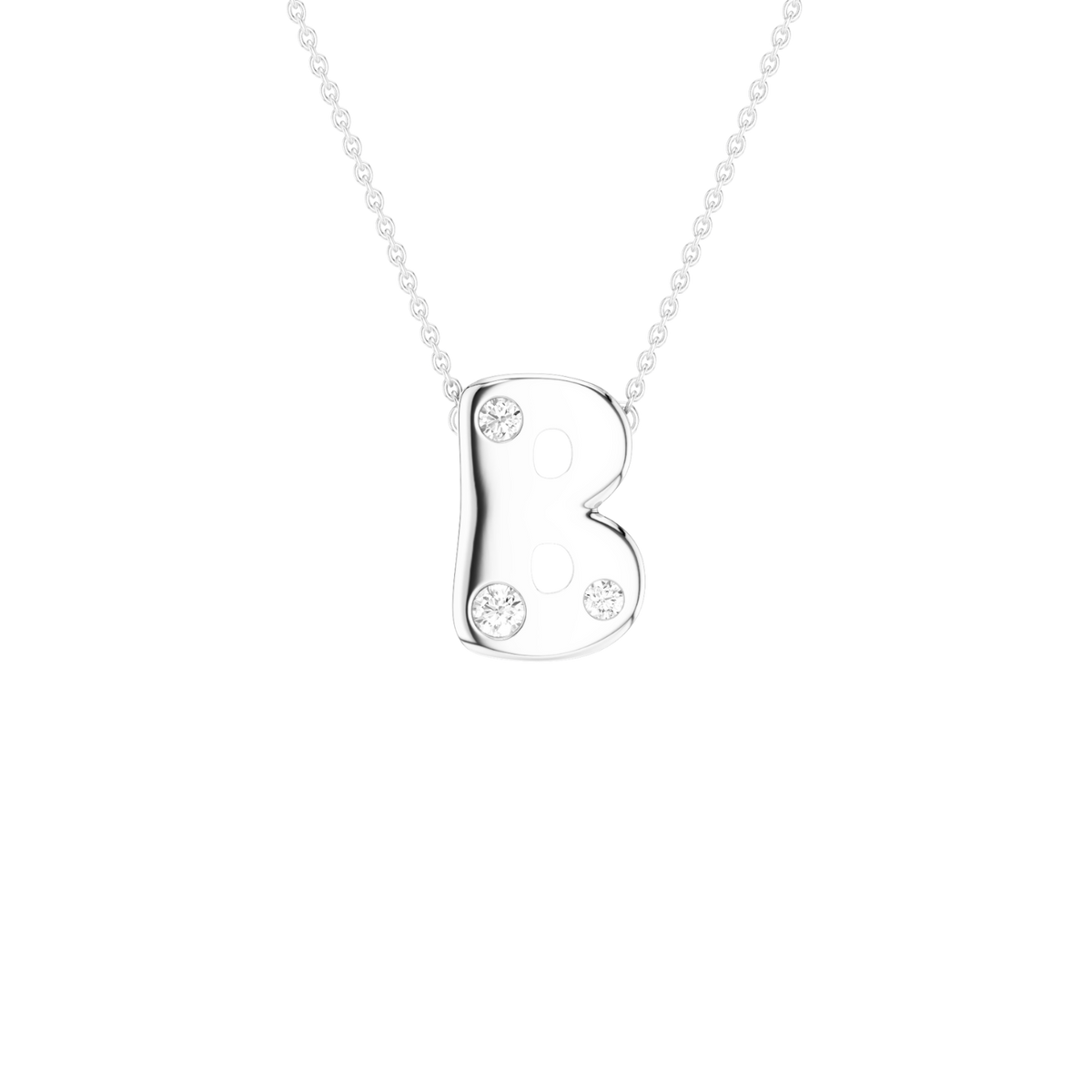 A silver initial necklace featuring the letter 'B' adorned with three small clear gemstones, suspended from a delicate silver ball chain against a solid white background.