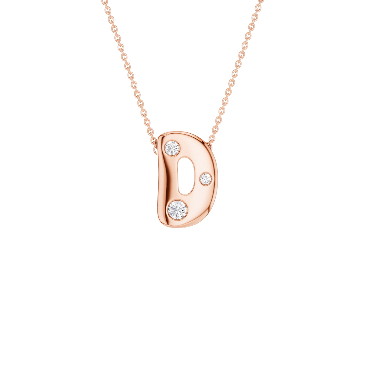A rose gold initial pendant necklace featuring the letter 'D' adorned with three clear round-cut gemstones, suspended from a delicate matching rose gold chain against a solid white background.