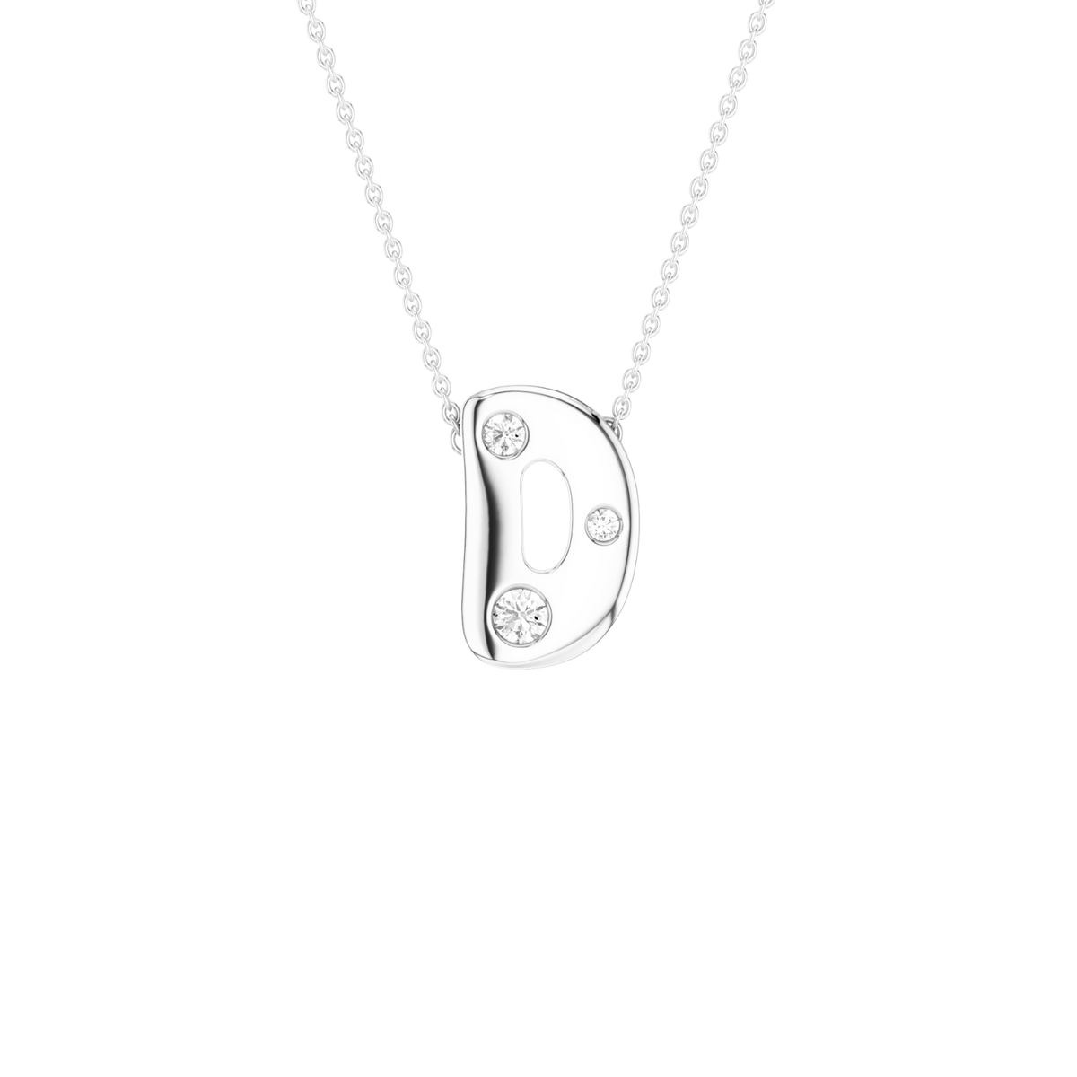 A silver letter 'D' initial pendant necklace with three clear gemstones, shown on a delicate silver chain against a solid white background.