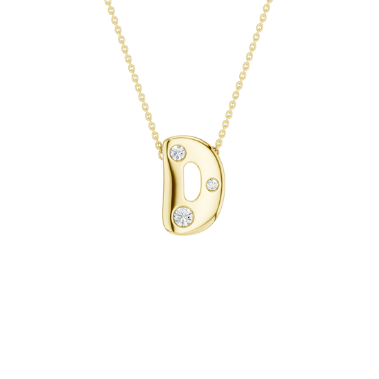 Modern 14k yellow gold bubble letter D initial necklace studded with three brilliant round-cut flush-set white diamonds on a delicate cable chain.