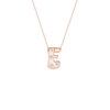 A rose gold initial necklace featuring the letter 'E' adorned with small clear gemstones, suspended from a delicate matching chain against a solid white background.