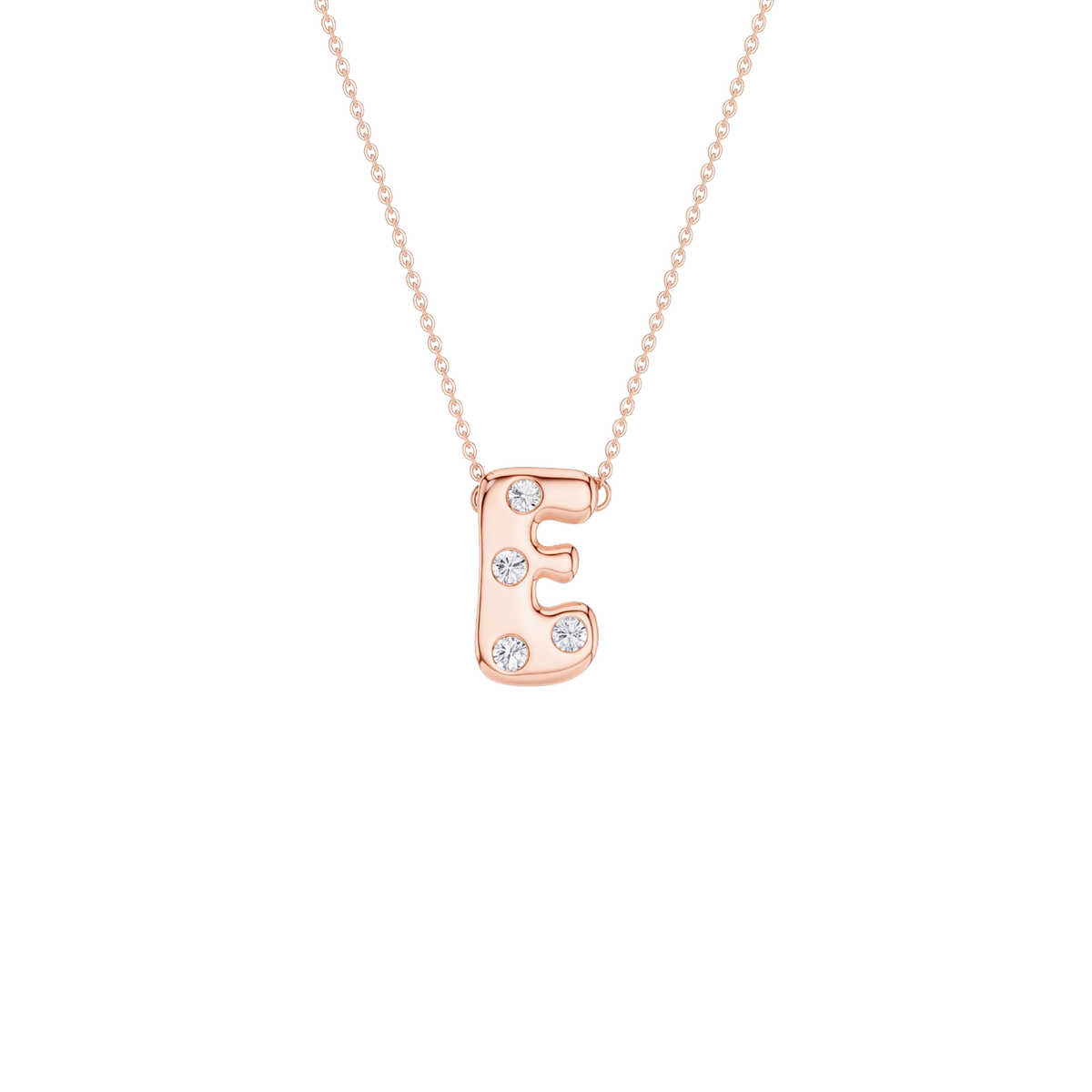 A rose gold initial necklace featuring the letter 'E' adorned with small clear gemstones, suspended from a delicate matching chain against a solid white background.