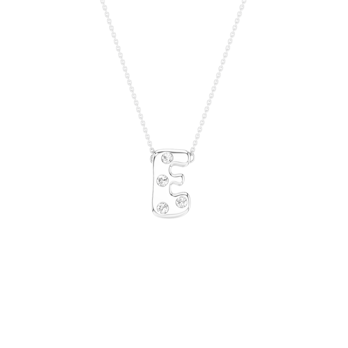 A silver initial necklace featuring the letter 'E' adorned with small clear crystals, suspended from a delicate silver chain against a solid white background.