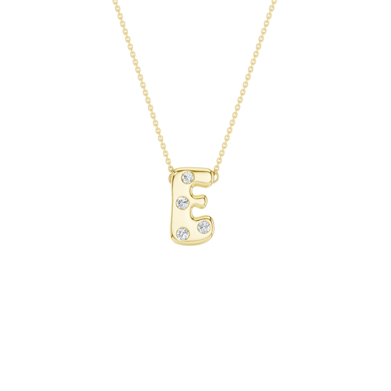 Modern 14k yellow gold bubble letter E initial necklace studded with four brilliant round-cut flush-set white diamonds on a delicate cable chain.