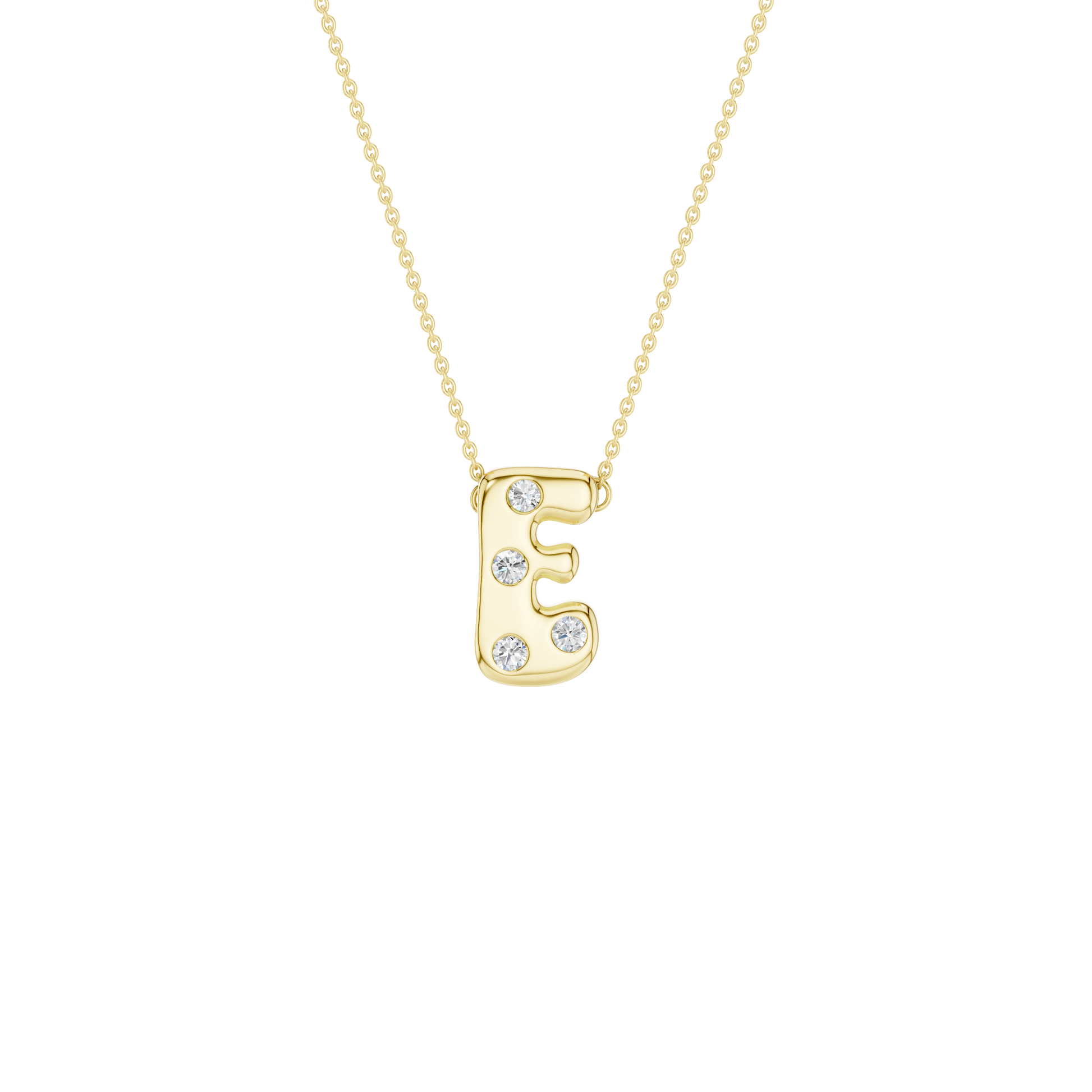 Modern 14k yellow gold bubble letter E initial necklace studded with four brilliant round-cut flush-set white diamonds on a delicate cable chain.