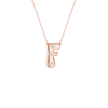 A rose gold initial pendant necklace featuring the letter 'F' adorned with three clear round-cut gemstones, suspended from a delicate matching chain against a solid white background.