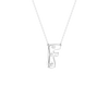 A silver initial necklace featuring the letter 'F' adorned with three small clear gemstones, suspended from a delicate silver ball chain against a solid white background.