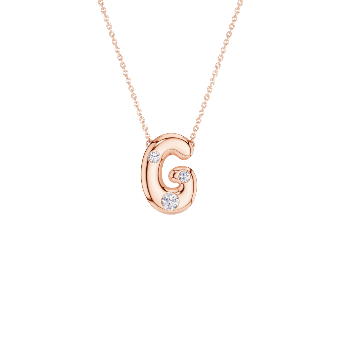 A rose gold initial necklace featuring the letter 'G' pendant adorned with three clear round-cut gemstones, suspended from a delicate matching chain against a solid white background.