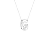 A silver initial necklace featuring the letter 'G' pendant adorned with small clear gemstones, suspended from a delicate silver ball chain against a solid white background.