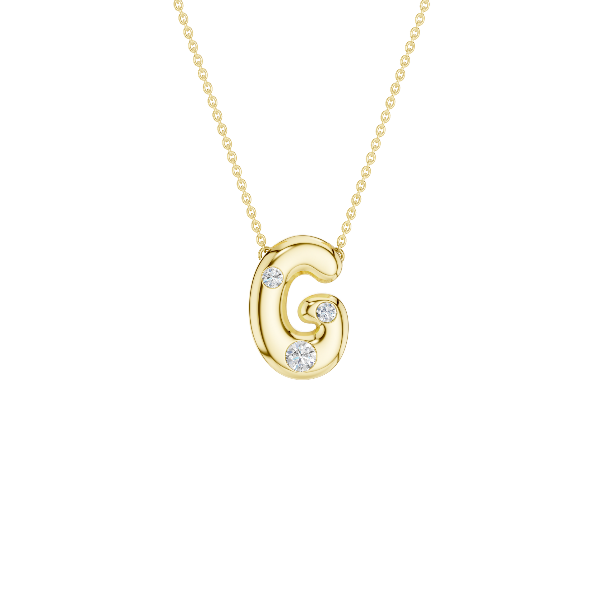 A product shot of a yellow gold necklace featuring a fine cable chain attached to the top curves of a smooth, bubble-font letter 'H' pendant. The polished gold 'H' is embellished with four sparkling, flush-set round diamonds: one on the middle left stem, one on the upper right stem, and one positioned at the bottom of each vertical stem.