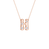 A rose gold initial necklace featuring the letter 'H' adorned with three clear round-cut gemstones, suspended from a delicate matching chain against a solid white background.