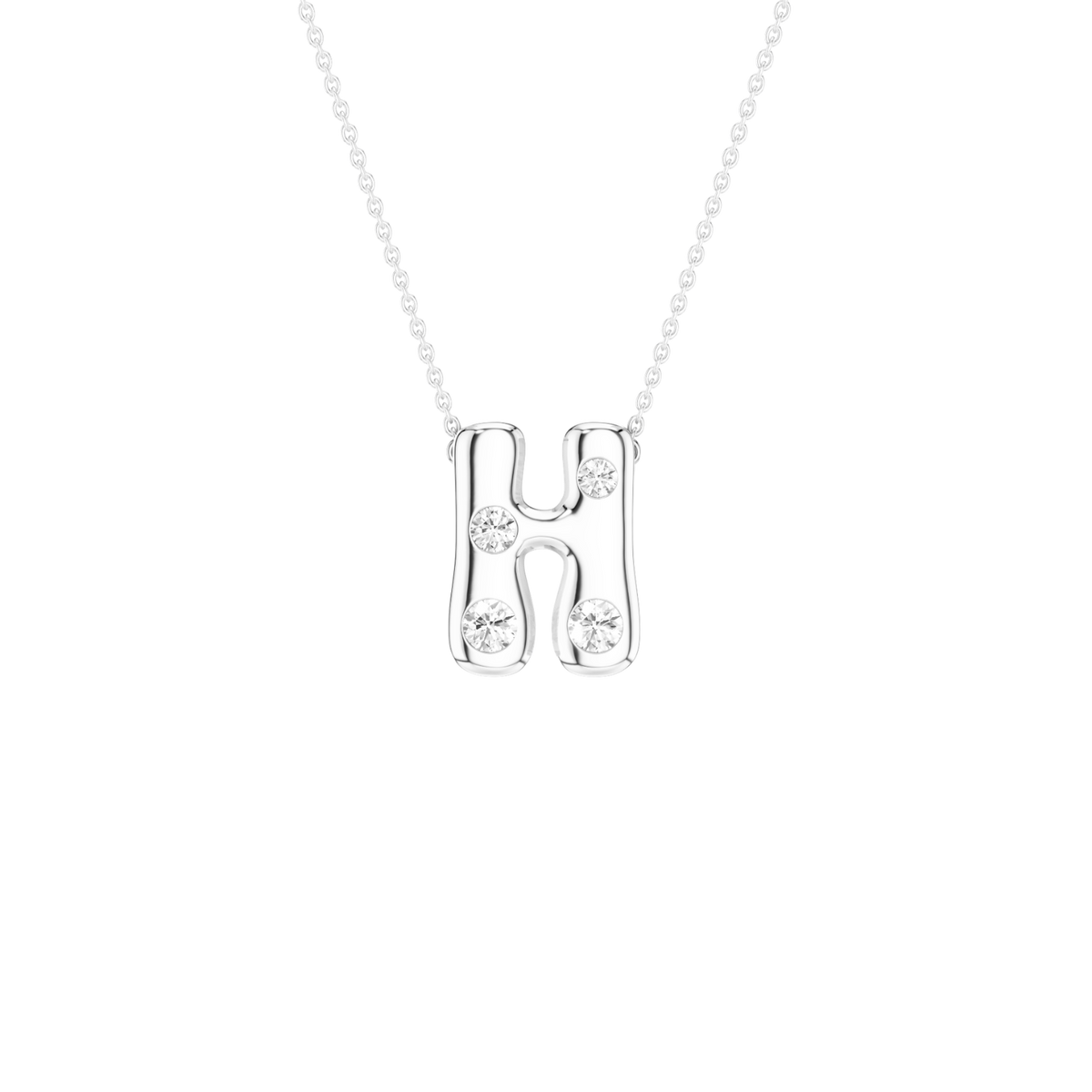 A silver initial pendant necklace featuring the letter 'H' adorned with small clear cubic zirconia stones, suspended from a delicate silver ball chain against a solid white background.