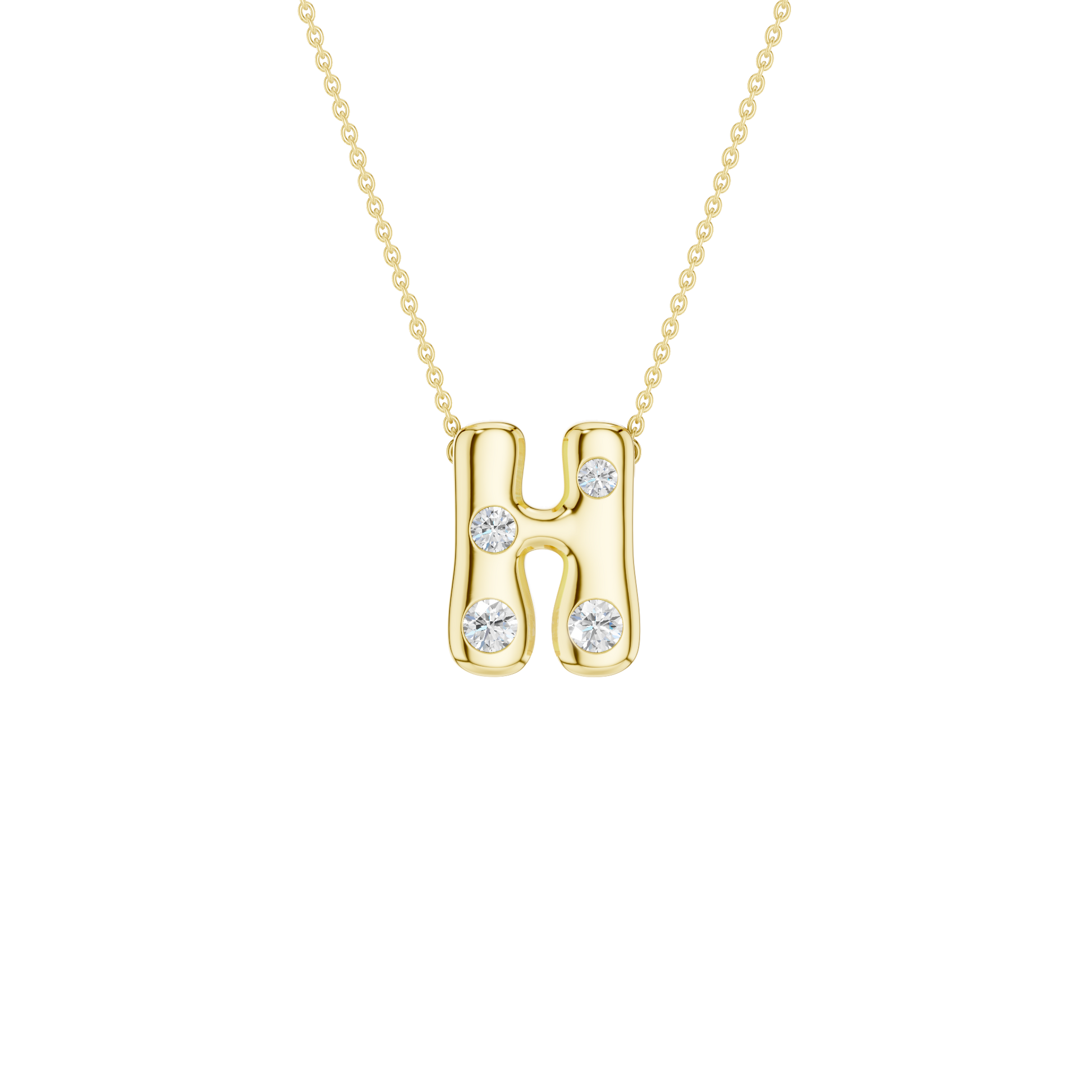 A product shot of a yellow gold necklace featuring a fine cable chain attached to the top curves of a smooth, bubble-font letter 'H' pendant. The polished gold 'H' is embellished with four sparkling, flush-set round diamonds: one on the middle left stem, one on the upper right stem, and one positioned at the bottom of each vertical stem.