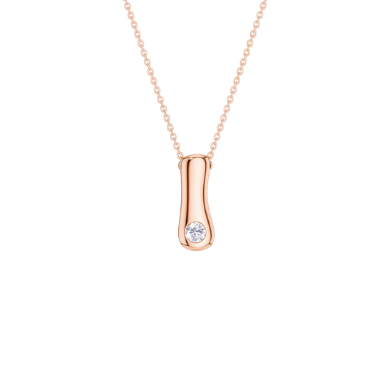 A rose gold pendant necklace featuring a polished, curved cylindrical bar with a single round clear gemstone, suspended from a delicate matching chain against a solid white background.