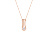 A rose gold pendant necklace featuring a polished, curved cylindrical bar with a single round clear gemstone, suspended from a delicate matching chain against a solid white background.