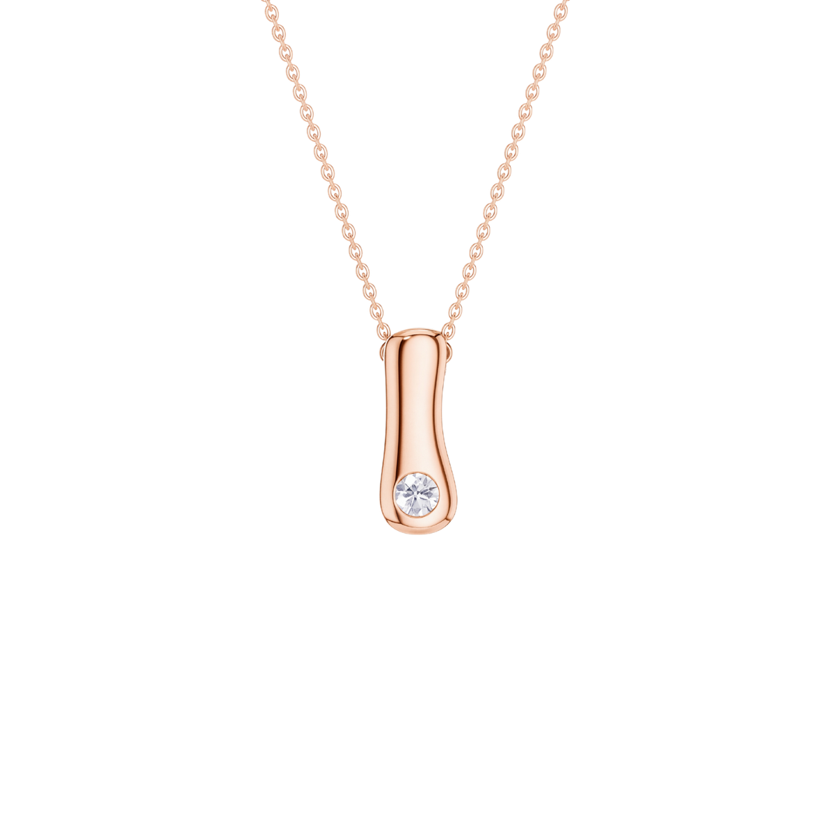 A rose gold pendant necklace featuring a polished, curved cylindrical bar with a single round clear gemstone, suspended from a delicate matching chain against a solid white background.