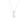 A silver pendant necklace featuring a polished, vertically oriented capsule-shaped pendant with a single round clear gemstone, suspended from a delicate silver chain against a solid white background.